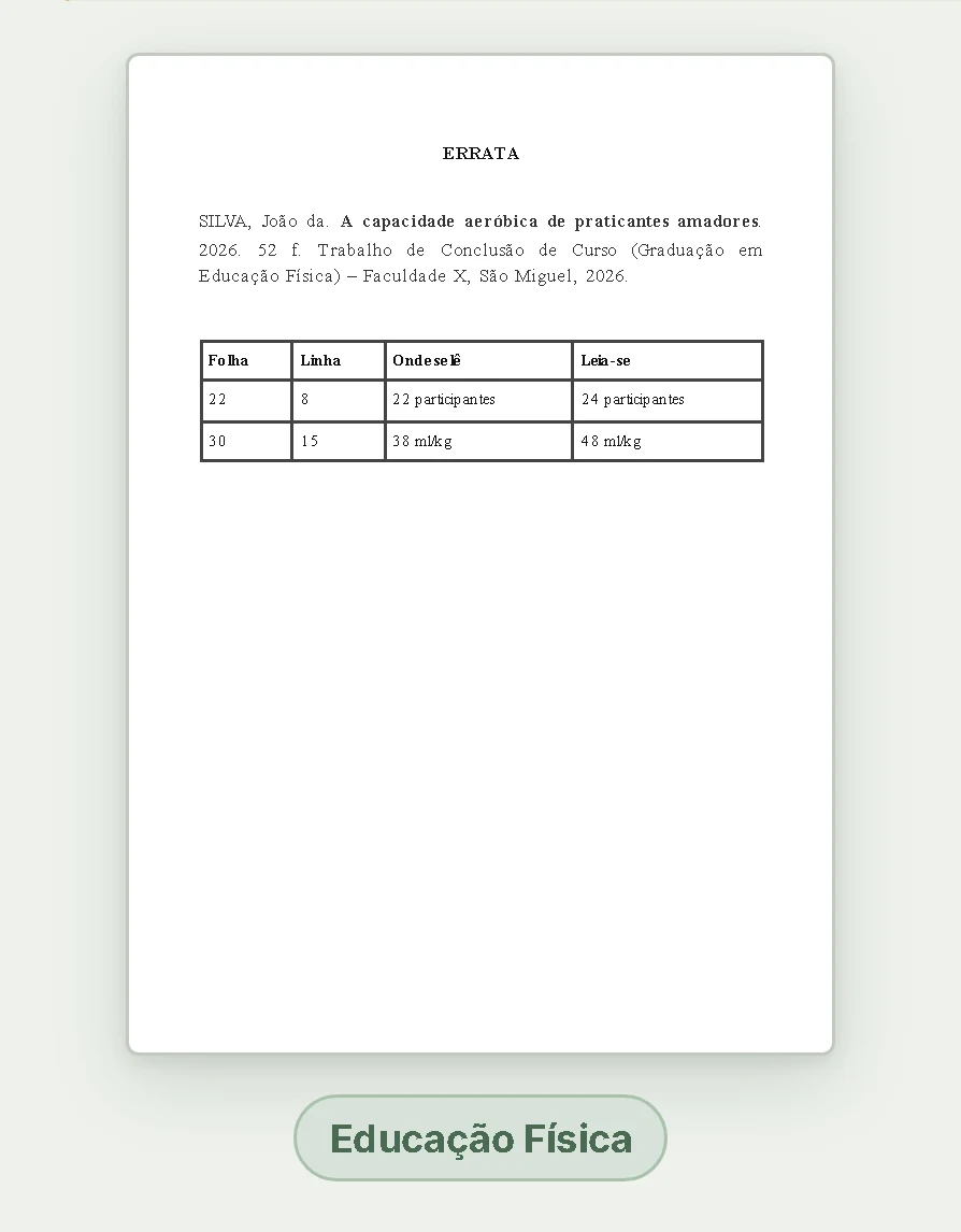 Exemplo de errata do TCC em folha A4, formatada pela ABNT
