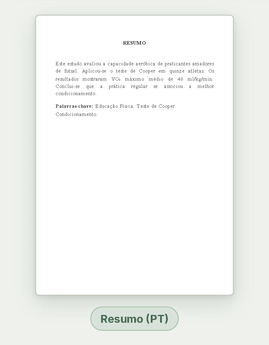 Exemplo de resumo e o Abstract do TCC em folha A4, formatada pela ABNT
