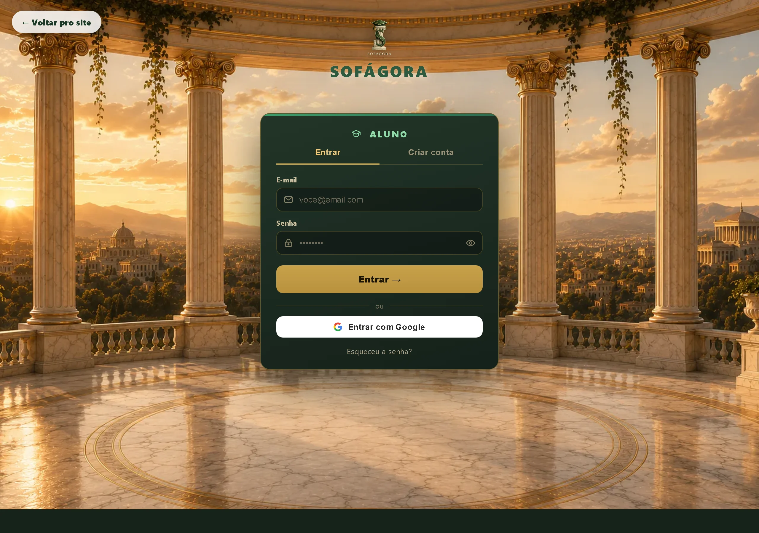 Tela de entrada da Sofágora, com o cartão de login do aluno: e-mail, senha e entrar com Google