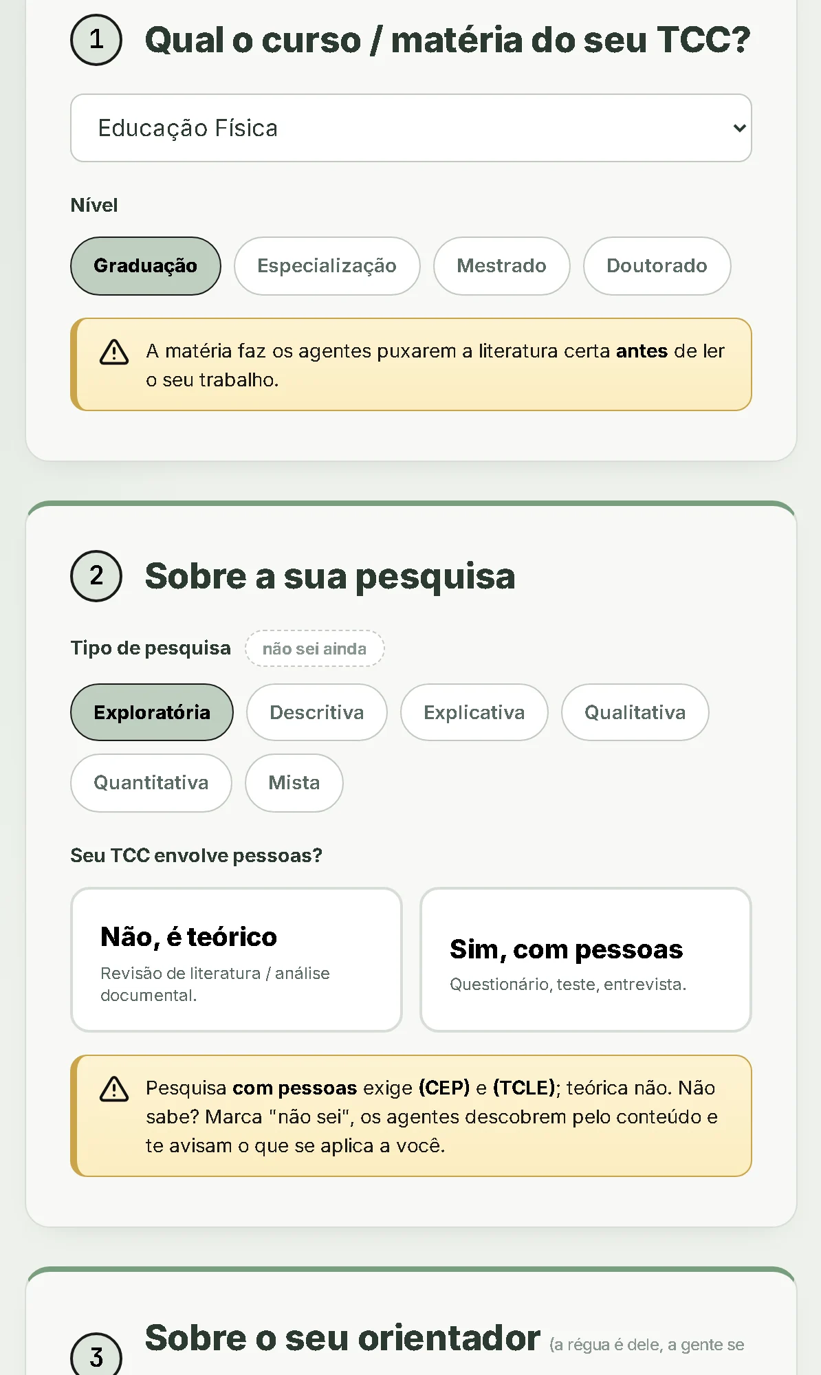 Formulário do briefing preenchido: curso Educação Física, nível graduação, tipo de pesquisa exploratória
