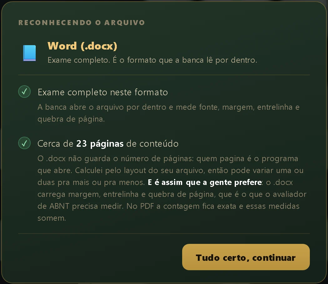 Caixa de reconhecimento do arquivo: Word reconhecido, exame completo, páginas contadas