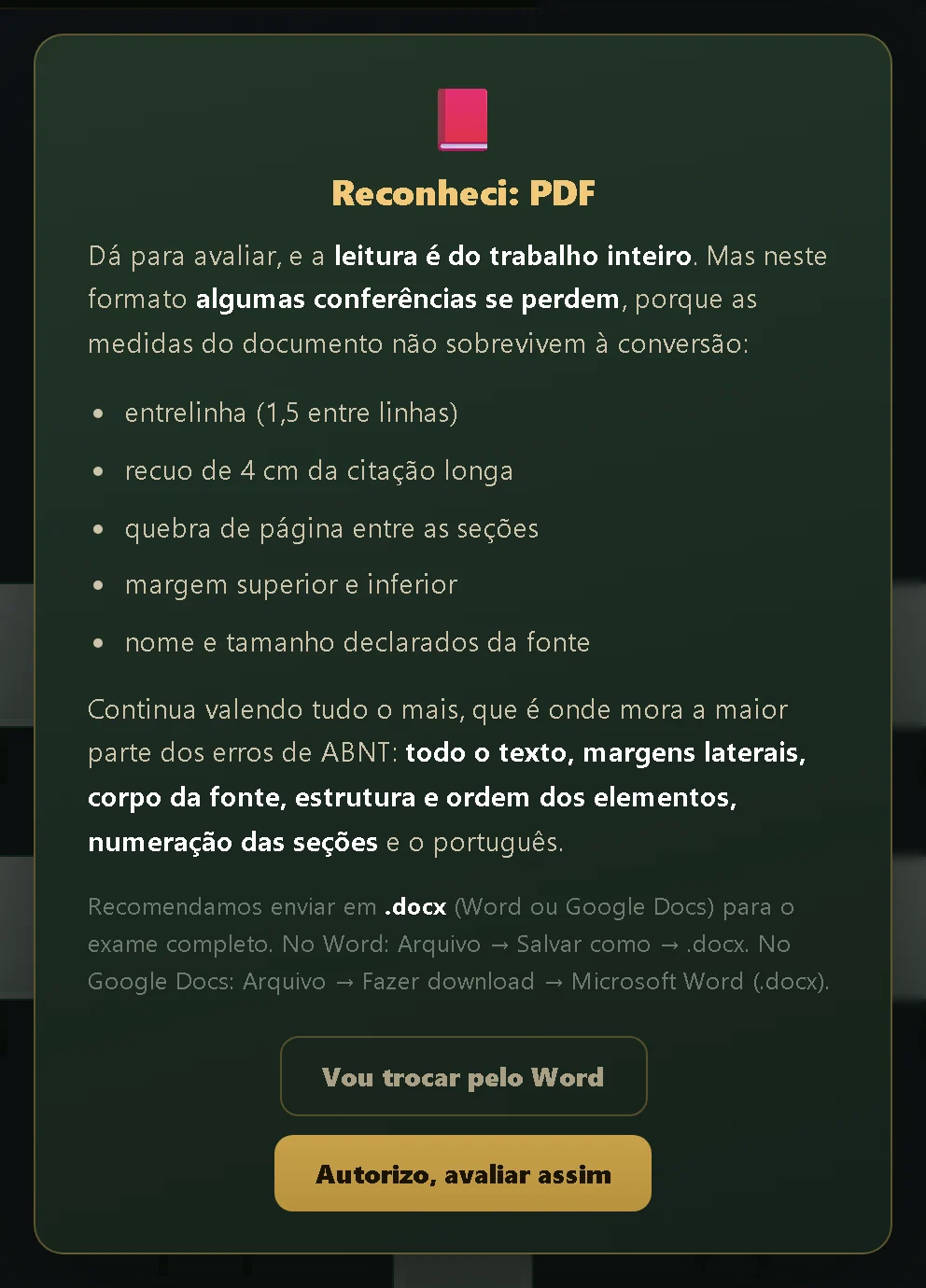 Caixa de autorização: reconheci PDF, lista das conferências que se perdem, botões vou trocar pelo Word ou autorizo avaliar assim