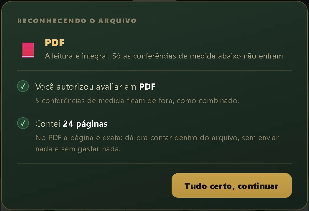 Pré-voo do PDF: PDF reconhecido, você autorizou avaliar em PDF, 5 conferências de medida ficam de fora, páginas contadas