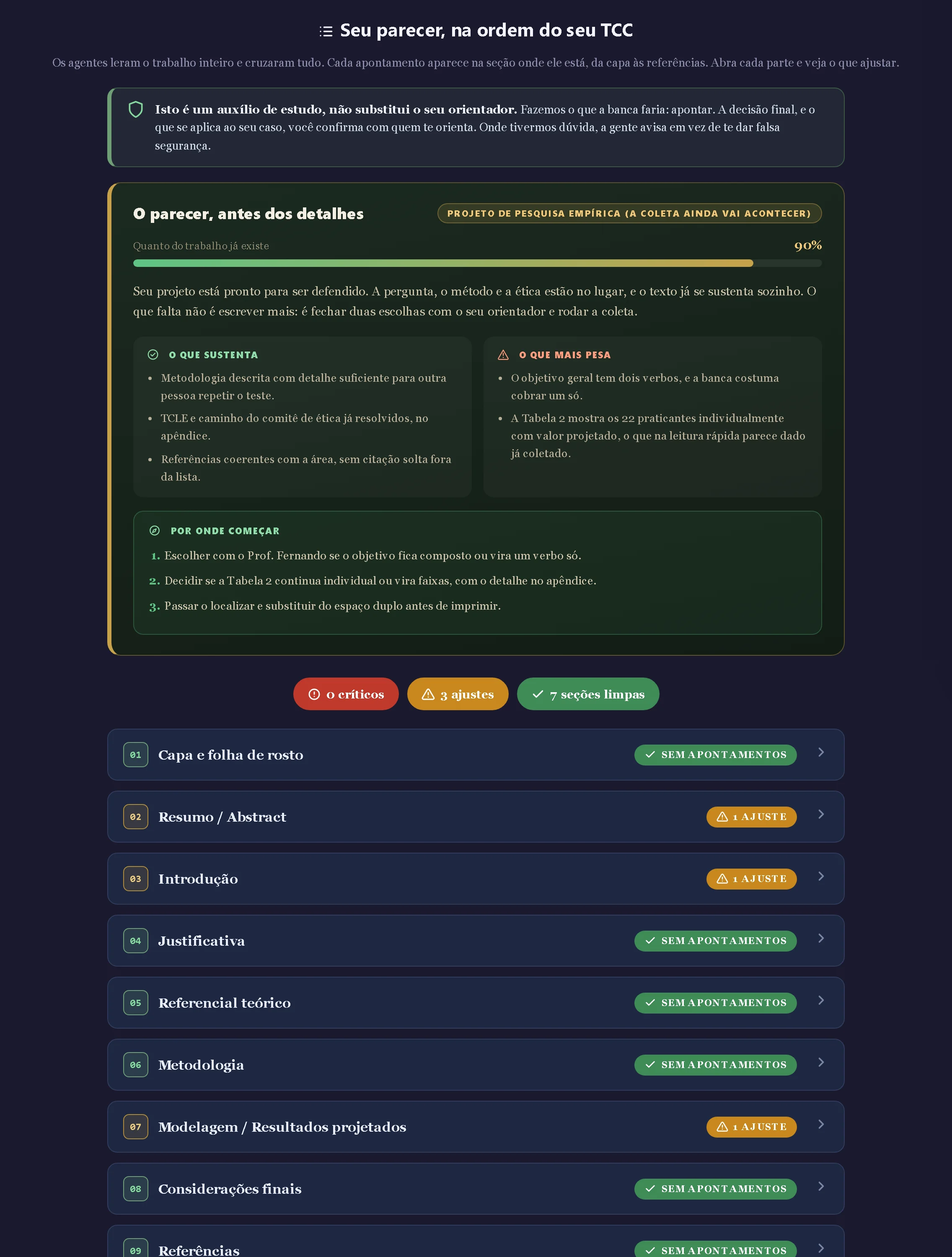 O parecer com o diagnóstico do trabalho, percentual pronto, o que sustenta, o que preocupa, por onde começar e a lista de seções