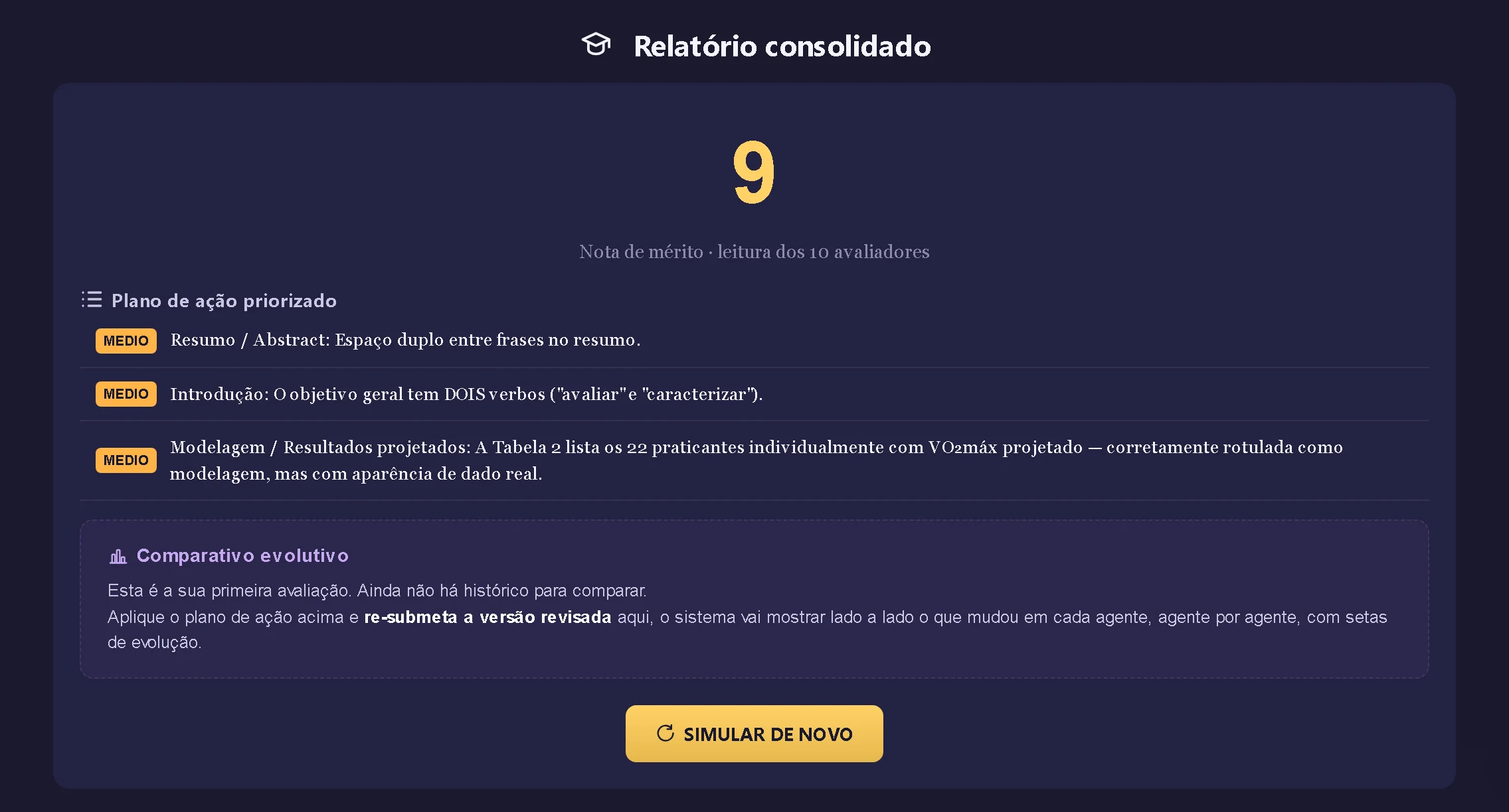 Relatório consolidado com a nota de mérito e o plano de ação priorizado
